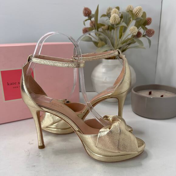 Kate Spade Bridal Bow Leather Heeled Pumps Pale Gold K1004 Women's 5.5B NWB - Picture 7 of 11